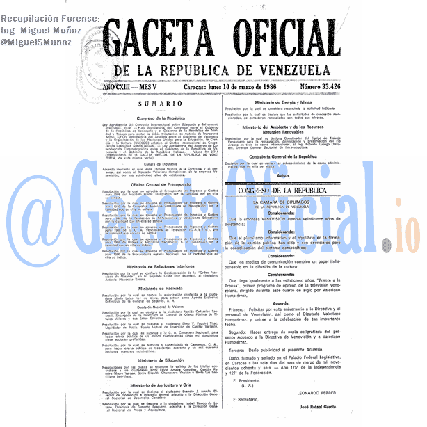 Gaceta Oficial 33426 del 10 Marzo 1986