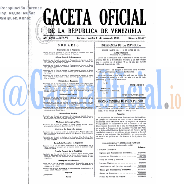 Gaceta Oficial 33427 del 11 Marzo 1986