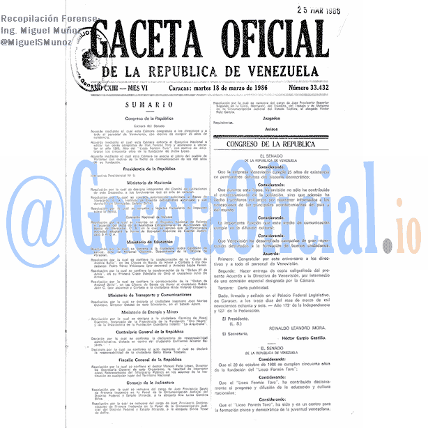 Gaceta Oficial 33432 del 18 Marzo 1986