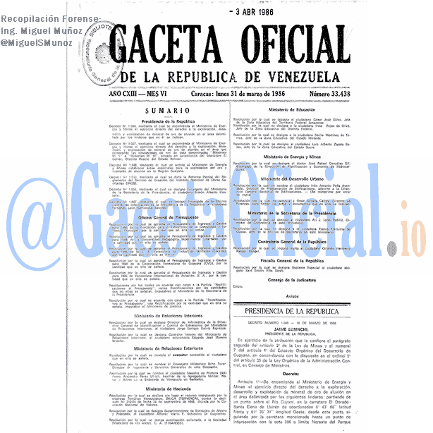 Gaceta Oficial 33438 del 31 Marzo 1986