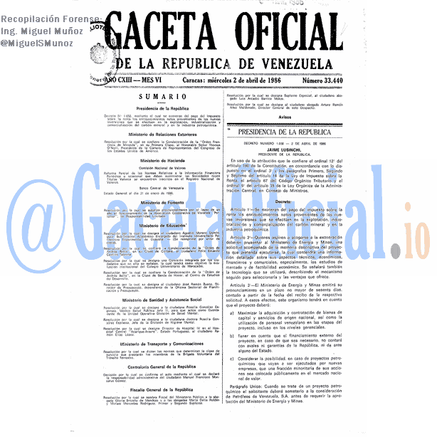 Gaceta Oficial 33440 del 2 Abril 1986