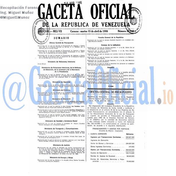 Gaceta Oficial 33449 del 15 Abril 1986