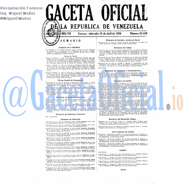 Gaceta Oficial 33450 del 16 Abril 1986