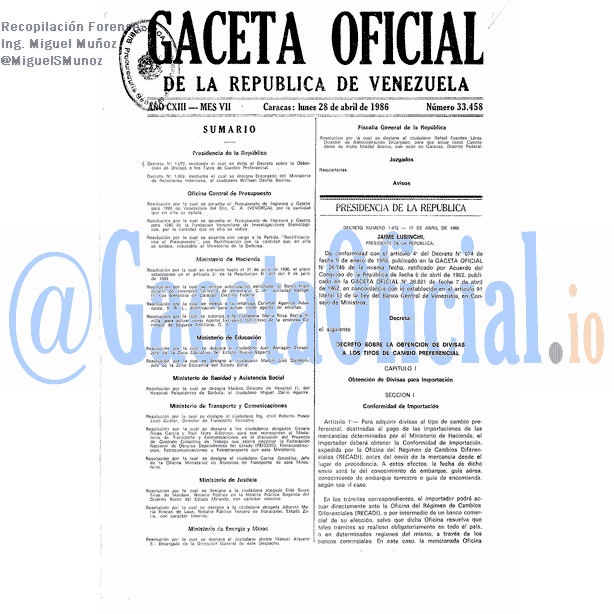 Gaceta Oficial 33458 del 28 Abril 1986