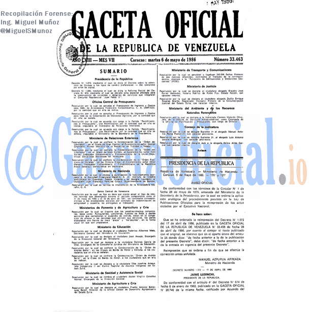 Gaceta Oficial 33463 del 6 Mayo 1986