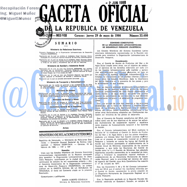 Gaceta Oficial 33480 del 29 Mayo 1986