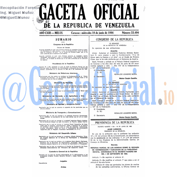 Gaceta Oficial 33494 del 18 Junio 1986