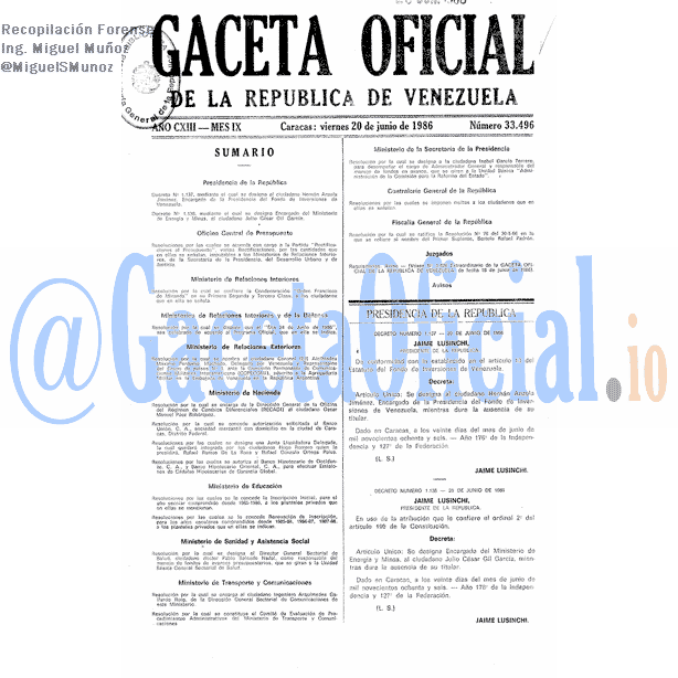Gaceta Oficial 33496 del 20 Junio 1986