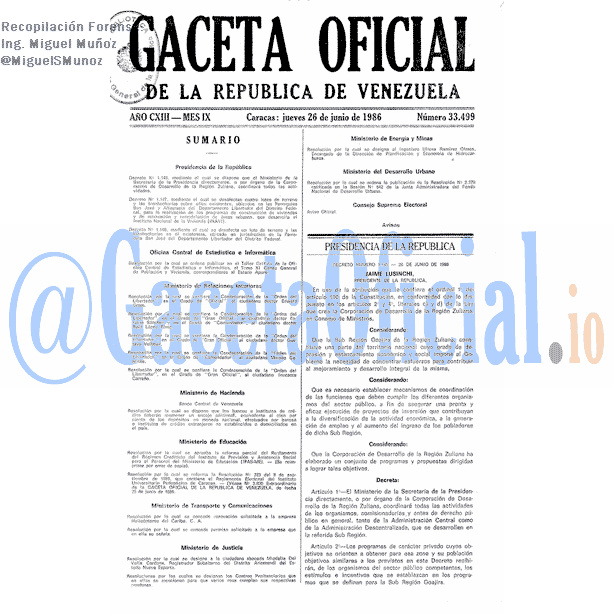 Gaceta Oficial 33499 del 26 Junio 1986