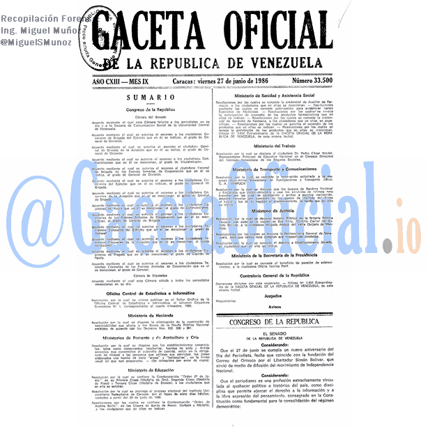 Gaceta Oficial 33500 del 27 Junio 1986