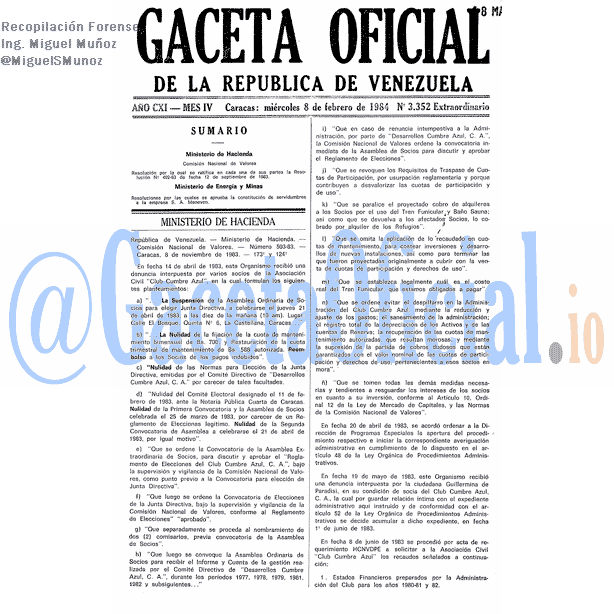 Gaceta Oficial 3352 del 8 Febrero 1984