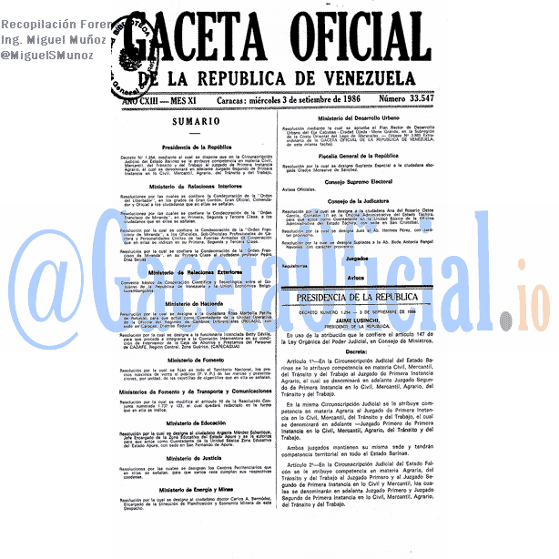 Gaceta Oficial 33547 del 3 Septiembre 1986