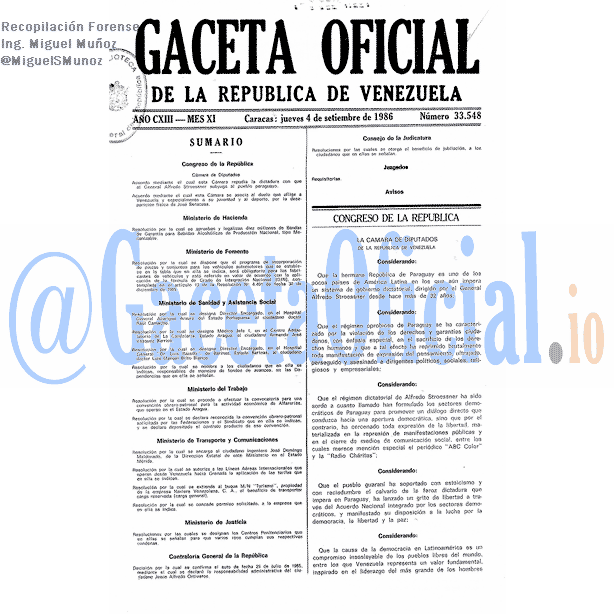 Gaceta Oficial 33548 del 4 Septiembre 1986