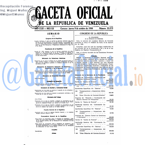 Gaceta Oficial 33573 del 9 Octubre 1986