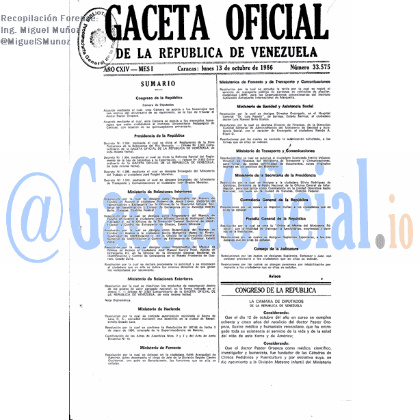 Gaceta Oficial 33575 del 13 Octubre 1986