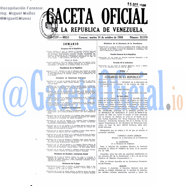 Gaceta Oficial 33576 del 14 Octubre 1986