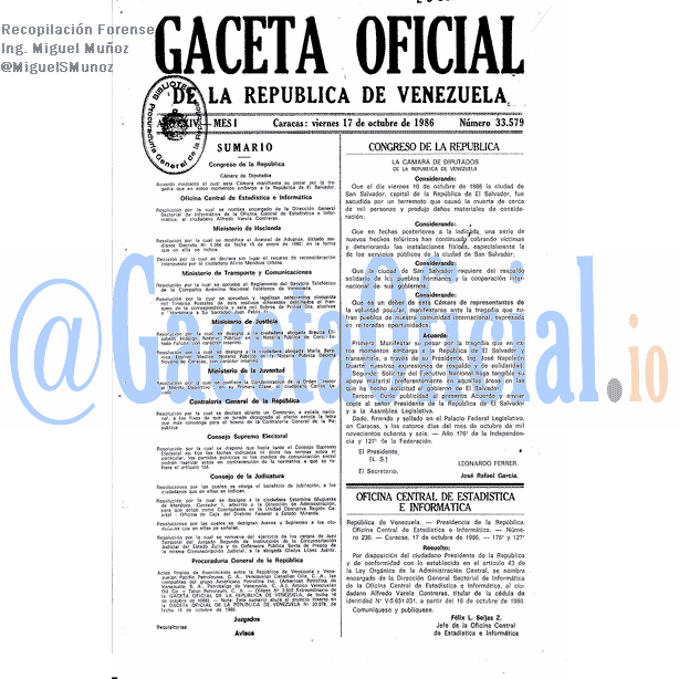 Gaceta Oficial 33579 del 17 Octubre 1986