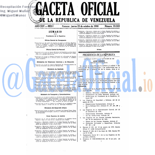 Gaceta Oficial 33583 del 23 Octubre 1986