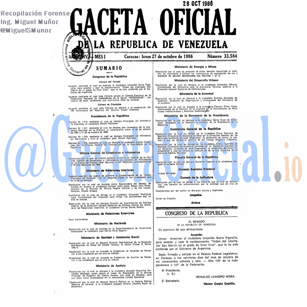 Gaceta Oficial 33584 del 27 Octubre 1986