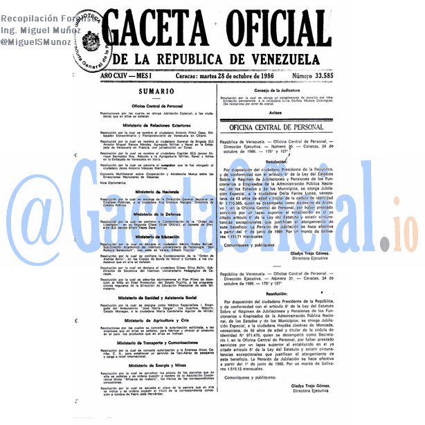 Gaceta Oficial 33585 del 28 Octubre 1986