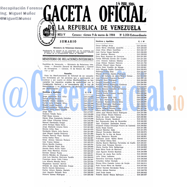 Gaceta Oficial 3358 del 9 Marzo 1984
