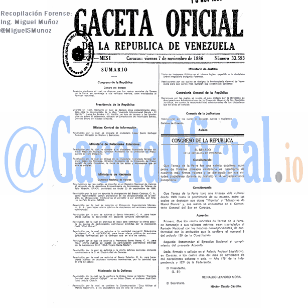 Gaceta Oficial 33593 del 7 Noviembre 1986