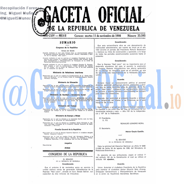 Gaceta Oficial 33595 del 11 Noviembre 1986