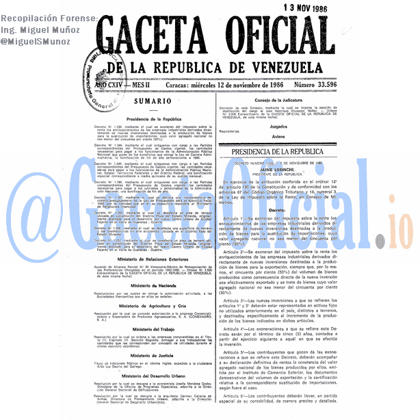 Gaceta Oficial 33596 del 12 Noviembre 1986