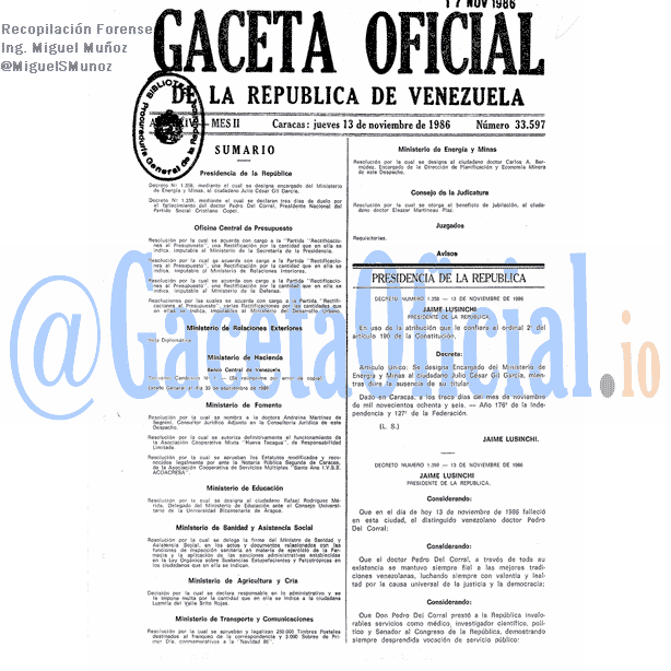 Gaceta Oficial 33597 del 13 Noviembre 1986