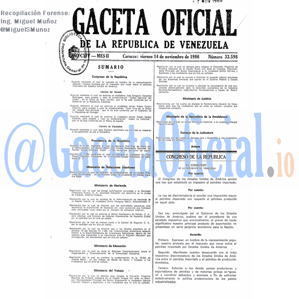 Gaceta Oficial 33598 del 14 Noviembre 1986