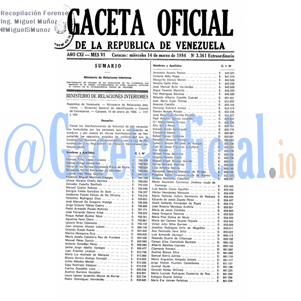 Gaceta Oficial 3361 del 14 Marzo 1984