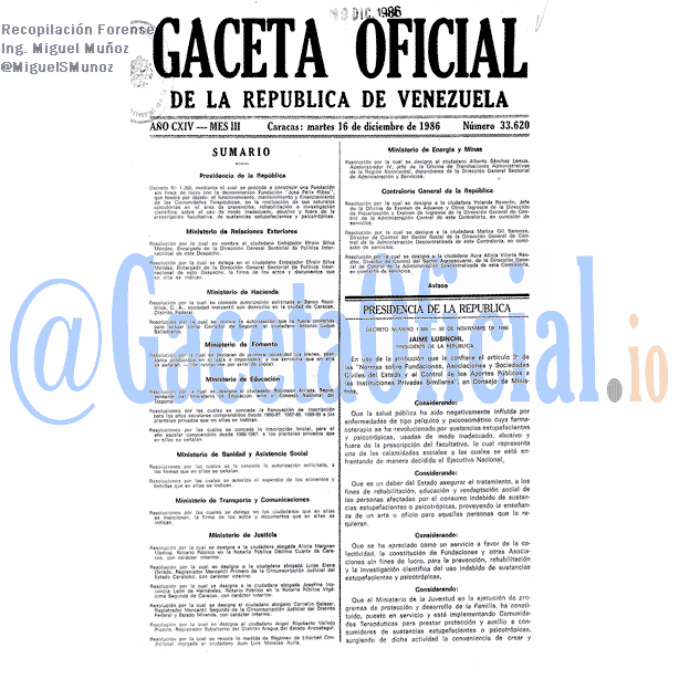 Gaceta Oficial 33620 del 16 Diciembre 1986