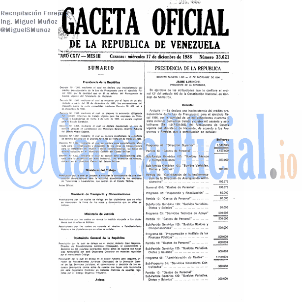 Gaceta Oficial 33621 del 17 Diciembre 1986