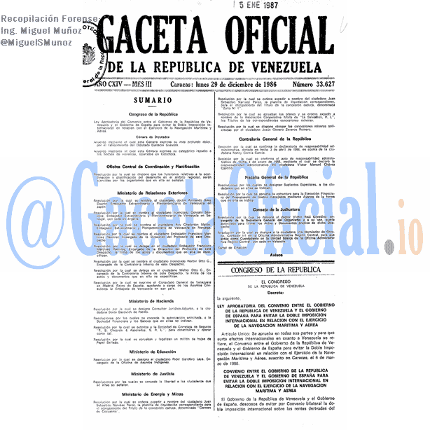 Gaceta Oficial 33627 del 29 Diciembre 1986