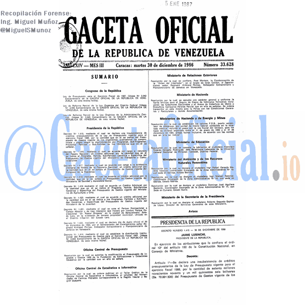 Gaceta Oficial 33628 del 30 Diciembre 1986
