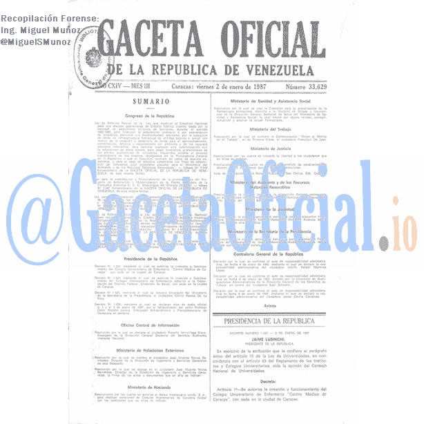 Gaceta Oficial 33629 del 2 Enero 1987