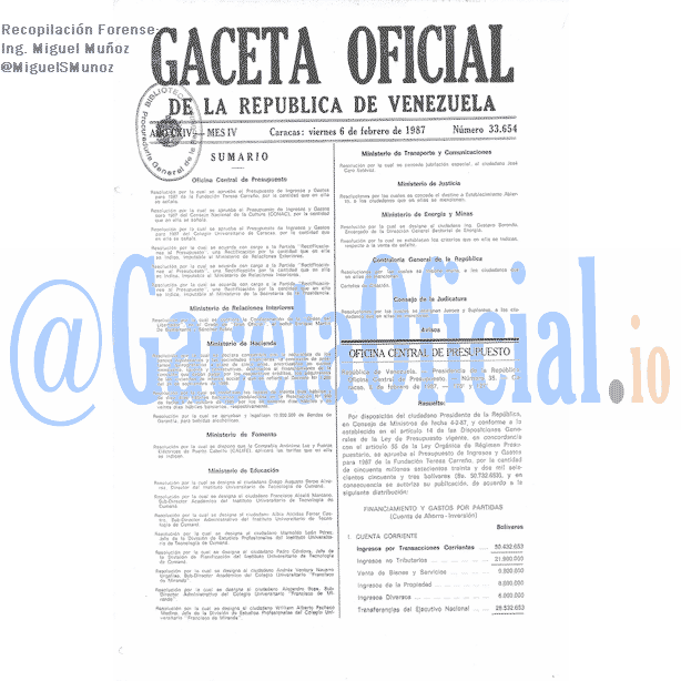 Gaceta Oficial 33654 del 6 Febrero 1987