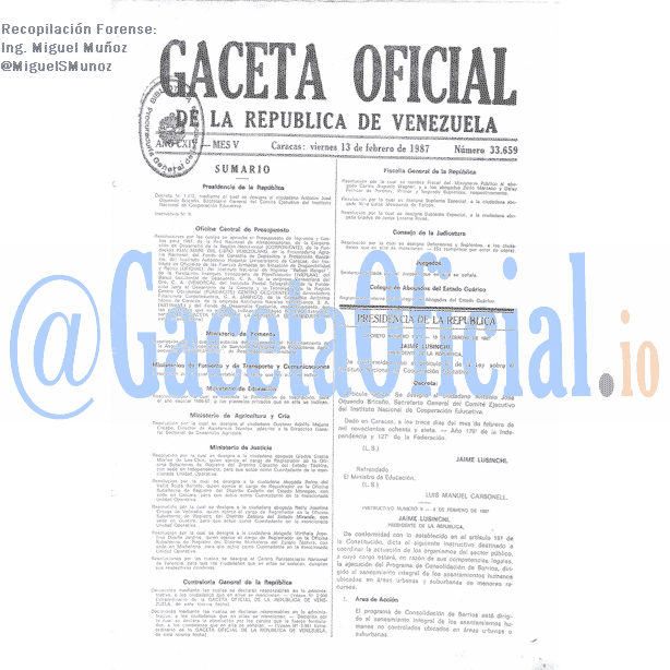 Gaceta Oficial 33659 del 13 Febrero 1987