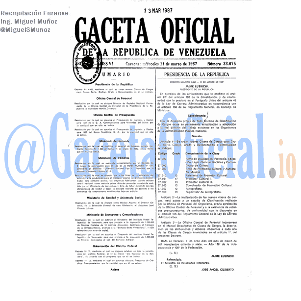 Gaceta Oficial 33675 del 11 Marzo 1987