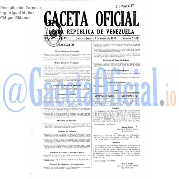 Gaceta Oficial 33681 del 19 Marzo 1987
