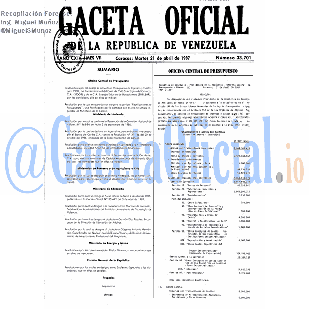 Gaceta Oficial 33701 del 21 Abril 1987