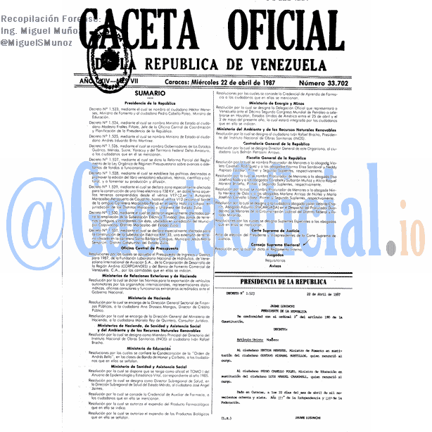 Gaceta Oficial 33702 del 22 Abril 1987