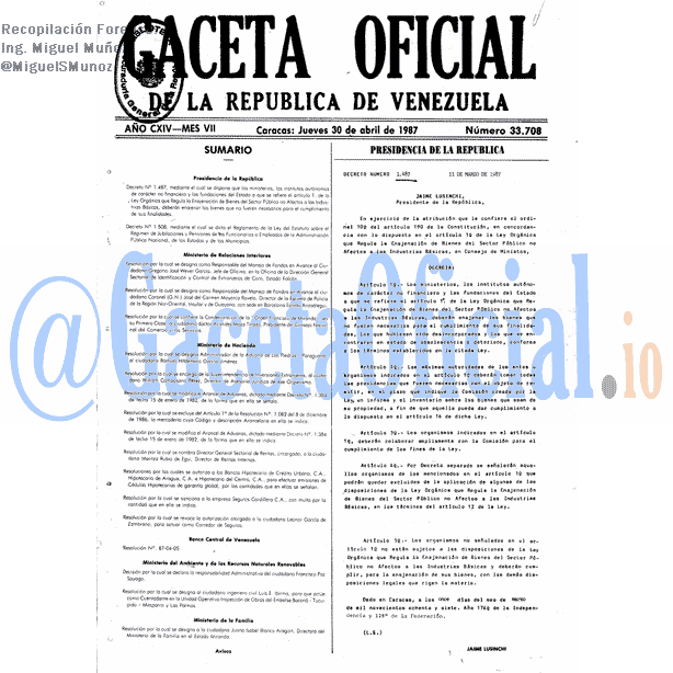 Gaceta Oficial 33708 del 30 Abril 1987