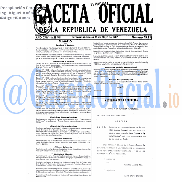 Gaceta Oficial 33716 del 13 Mayo 1987