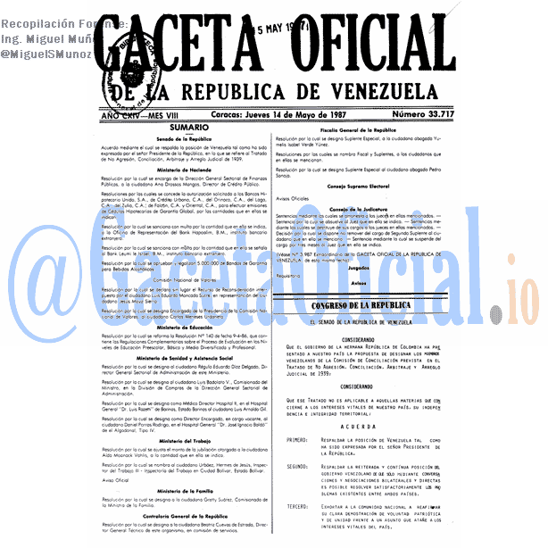 Gaceta Oficial 33717 del 14 Mayo 1987