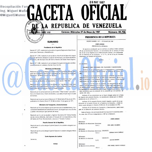 Gaceta Oficial 33726 del 27 Mayo 1987