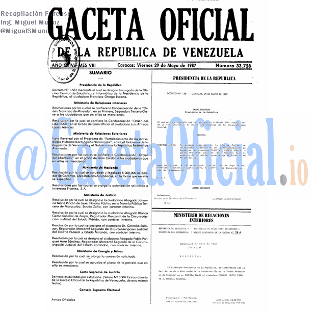 Gaceta Oficial 33728 del 29 Mayo 1987