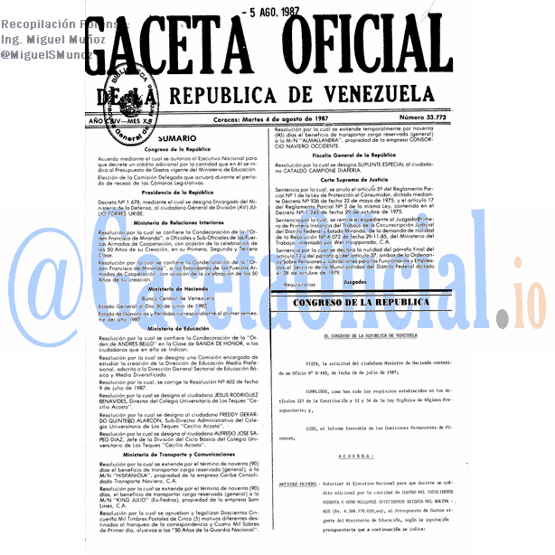 Gaceta Oficial 33773 del 4 Agosto 1987
