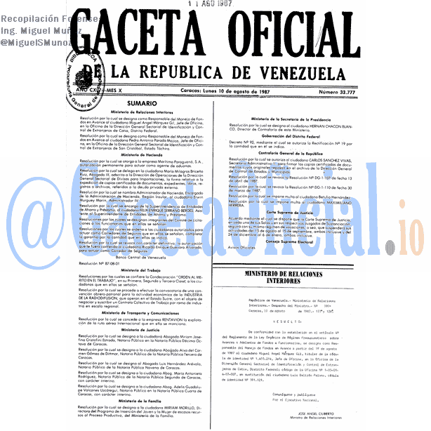 Gaceta Oficial 33777 del 10 Agosto 1987