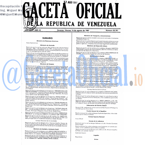 Gaceta Oficial 33781 del 14 Agosto 1987
